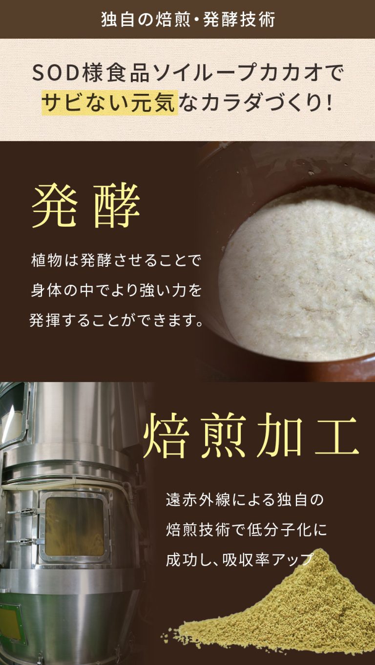 ソイループカカオ 独自の焙煎と発酵技術 発酵 植物は発酵させることで身体の中でより強い力を発揮することができます 焙煎加工 遠赤外線による独自の焙煎技術で低分子化に成功し吸収率アップ